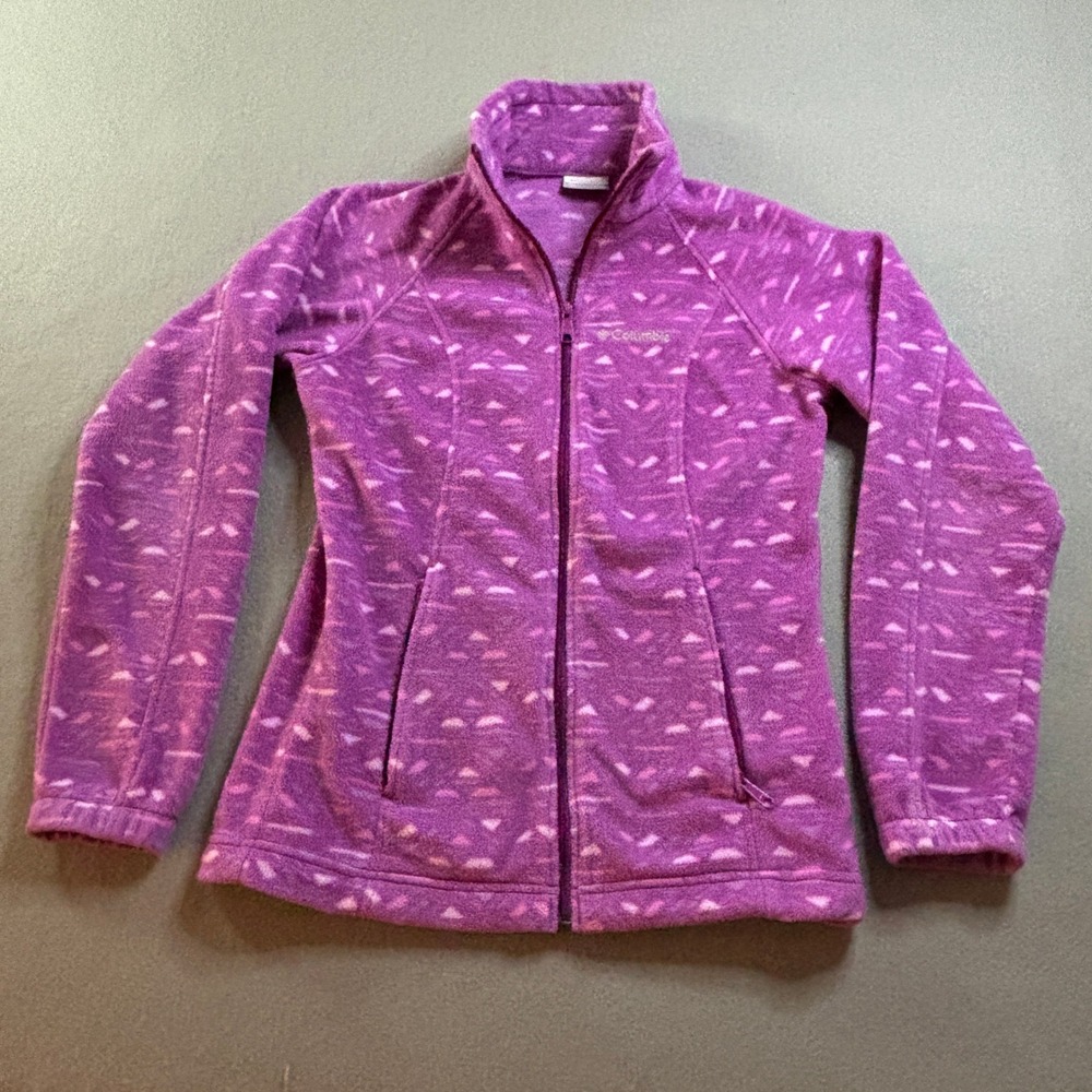 Columbia Full Zip Fleece Jacket Womens XS Purple Geometric Print Outdoor Hiking